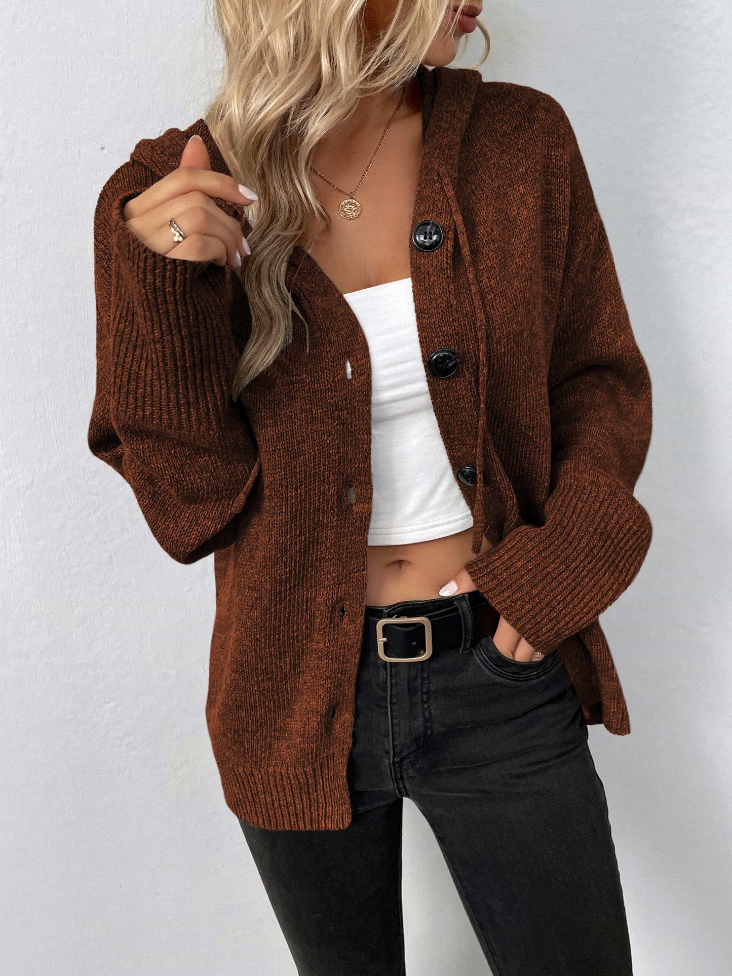 Get trendy with Button-Down Long Sleeve Hooded Sweater - Tops available at Styles Code. Grab yours today!