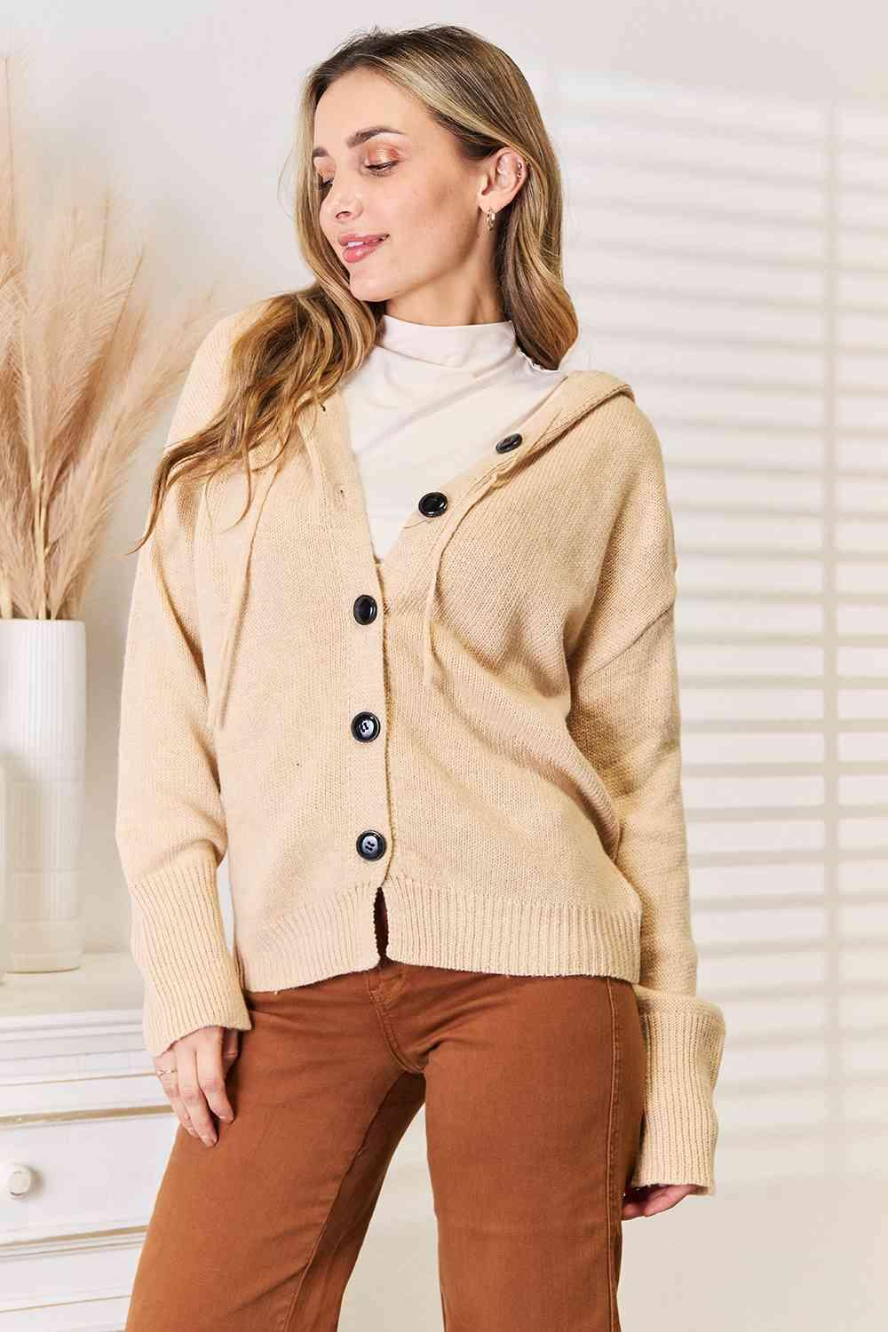 Get trendy with Button-Down Long Sleeve Hooded Sweater - Sweater available at Styles Code. Grab yours today!