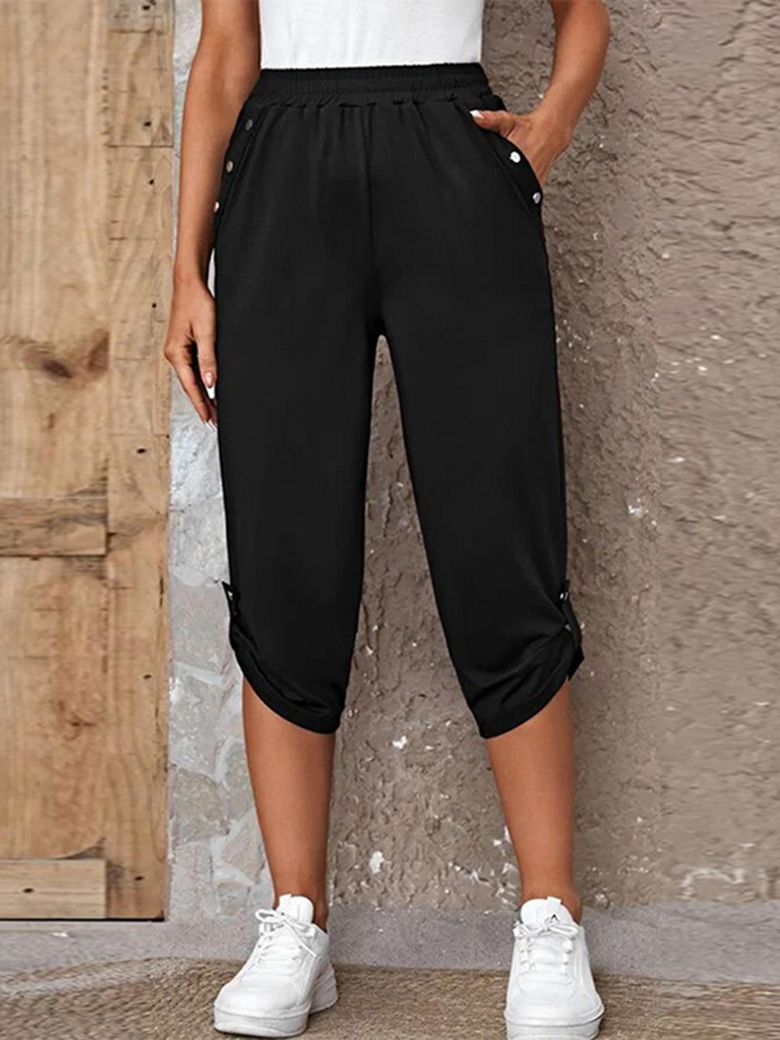 Get trendy with Full Size Roll-Tab Capris Pants - Bottoms available at Styles Code. Grab yours today!