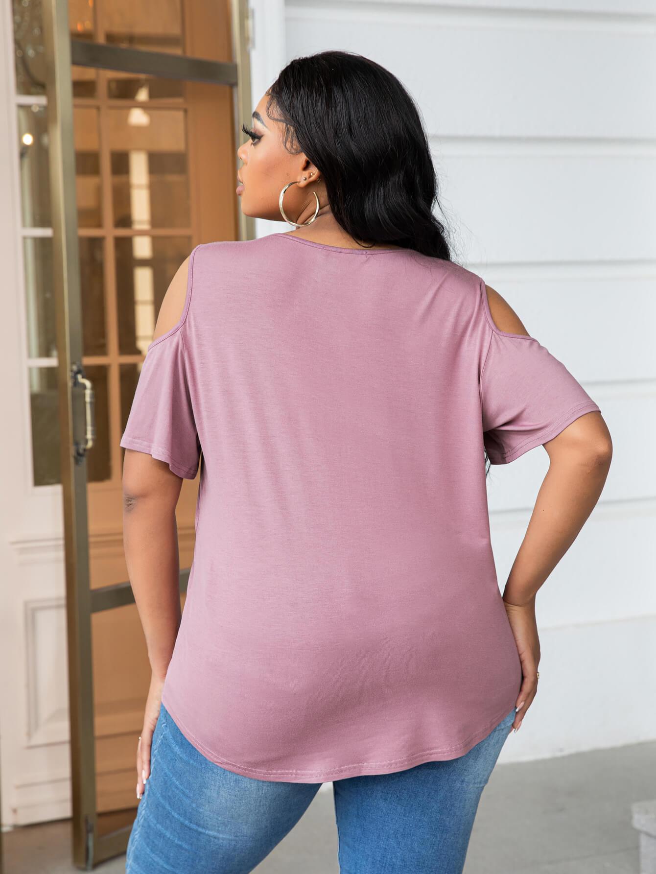 Get trendy with Plus Size Cold-Shoulder Round Neck Curved Hem Tee - Plus Size available at Styles Code. Grab yours today!