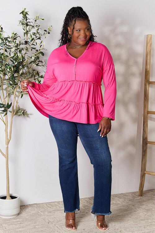 Get trendy with Half Button Ruffle Hem Blouse - Blouse available at Styles Code. Grab yours today!