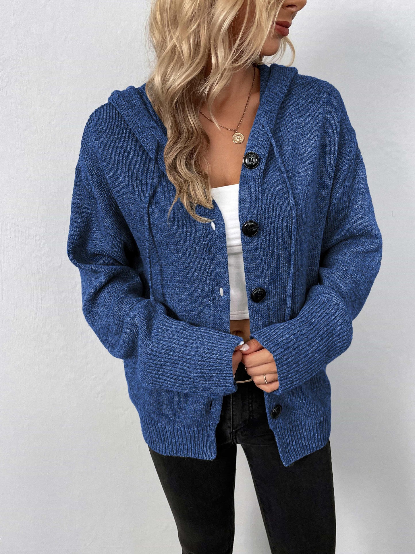 Get trendy with Button-Down Long Sleeve Hooded Sweater - Tops available at Styles Code. Grab yours today!