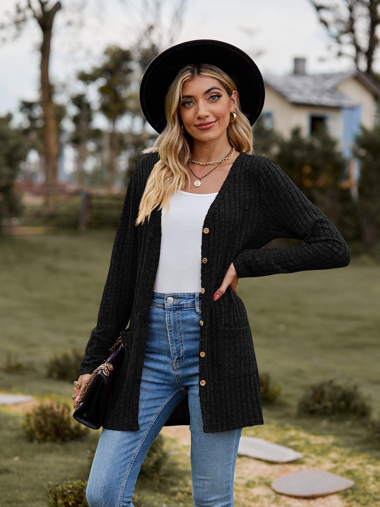 Get trendy with Ribbed Button-UP Cardigan with Pockets - Tops available at Styles Code. Grab yours today!