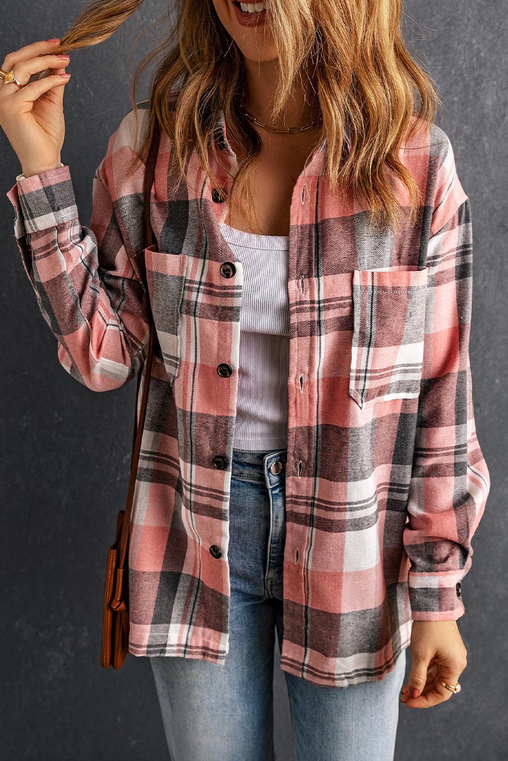 Get trendy with Plaid Dropped Shoulder Longline Shirt - Tops available at Styles Code. Grab yours today!