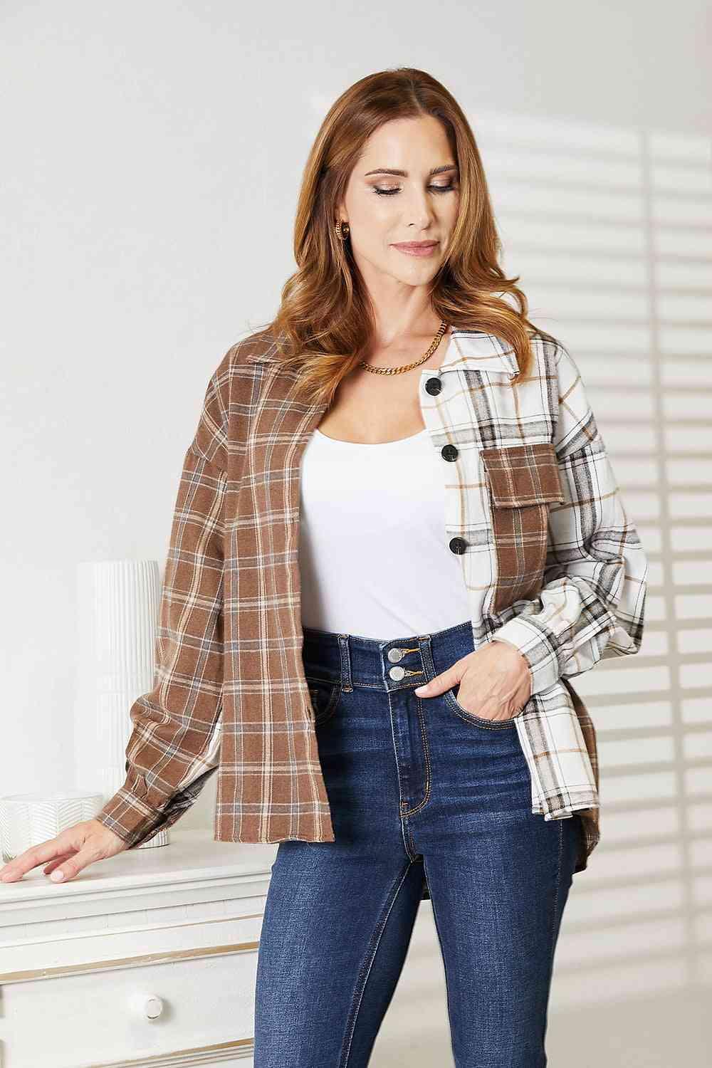 Get trendy with Plaid Contrast Button Up Shirt Jacket - Shirt available at Styles Code. Grab yours today!