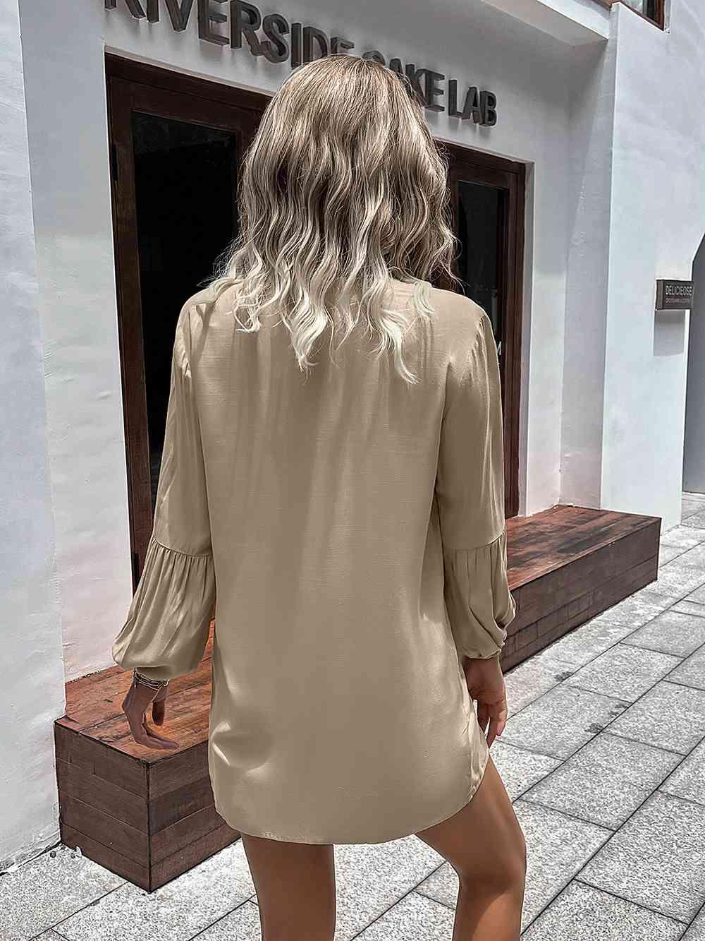 Get trendy with Notched Neck Balloon Sleeve Shirt - Shirt available at Styles Code. Grab yours today!