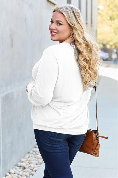 Get trendy with Full Size V-Neck Lantern Sleeve Blouse - Blouse available at Styles Code. Grab yours today!
