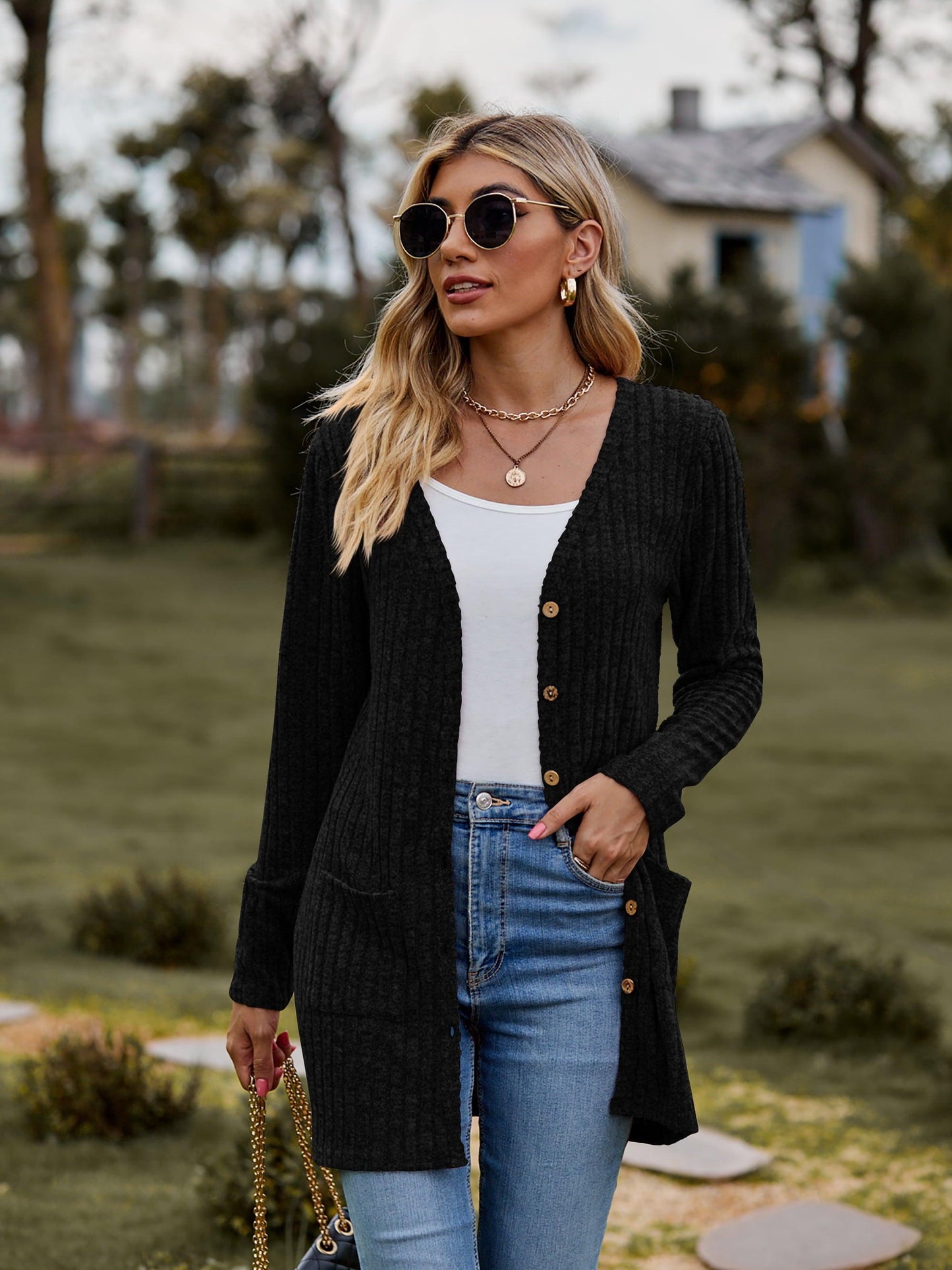 Get trendy with Ribbed Button-UP Cardigan with Pockets - Tops available at Styles Code. Grab yours today!