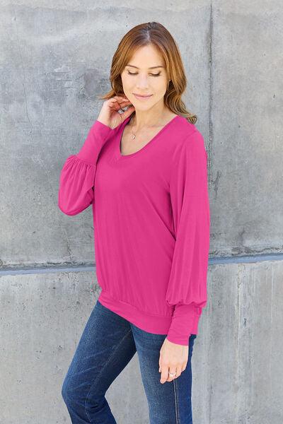Get trendy with Full Size V-Neck Lantern Sleeve Blouse - Blouse available at Styles Code. Grab yours today!