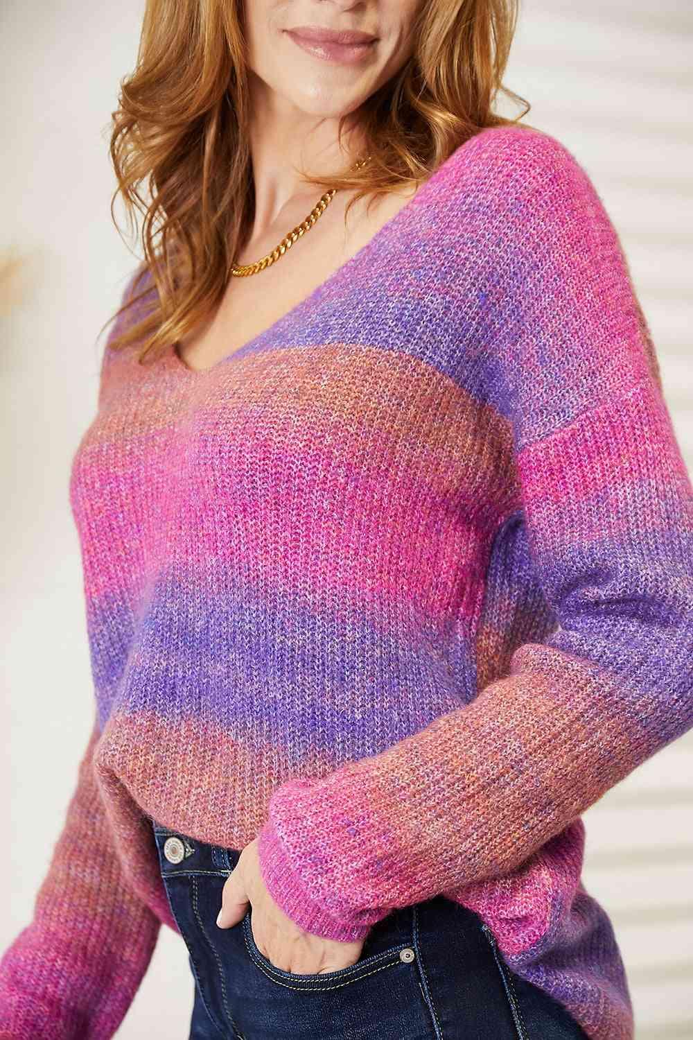 Get trendy with Multicolored Rib-Knit V-Neck Sweater - Sweater available at Styles Code. Grab yours today!