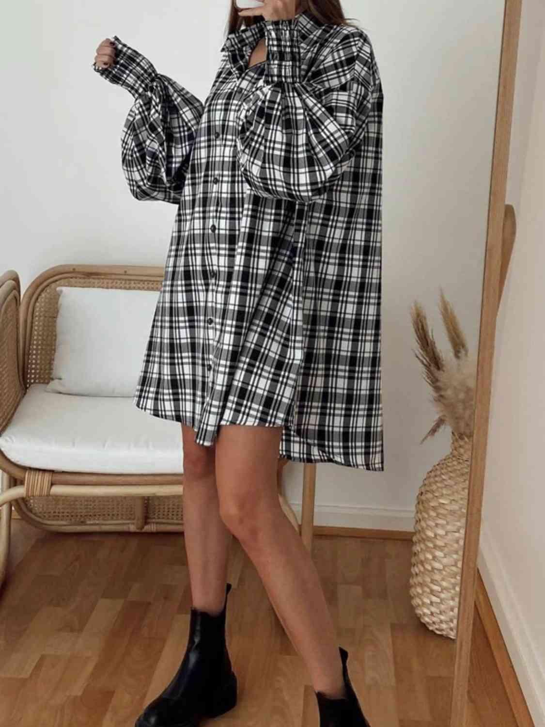 Get trendy with Plaid Lantern Sleeve Shirt - Shirt available at Styles Code. Grab yours today!