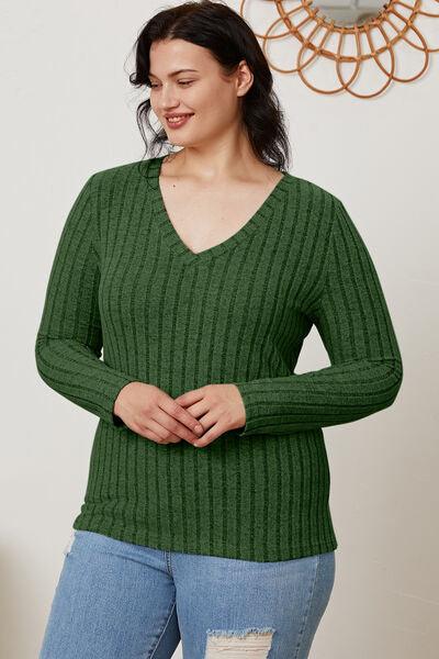 Get trendy with Full Size Ribbed V-Neck Long Sleeve T-Shirt - available at Styles Code. Grab yours today!