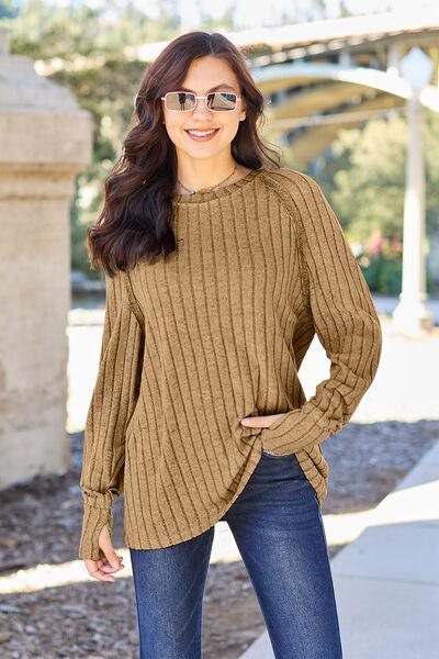 Get trendy with Full Size Ribbed Round Neck Knit Top - available at Styles Code. Grab yours today!