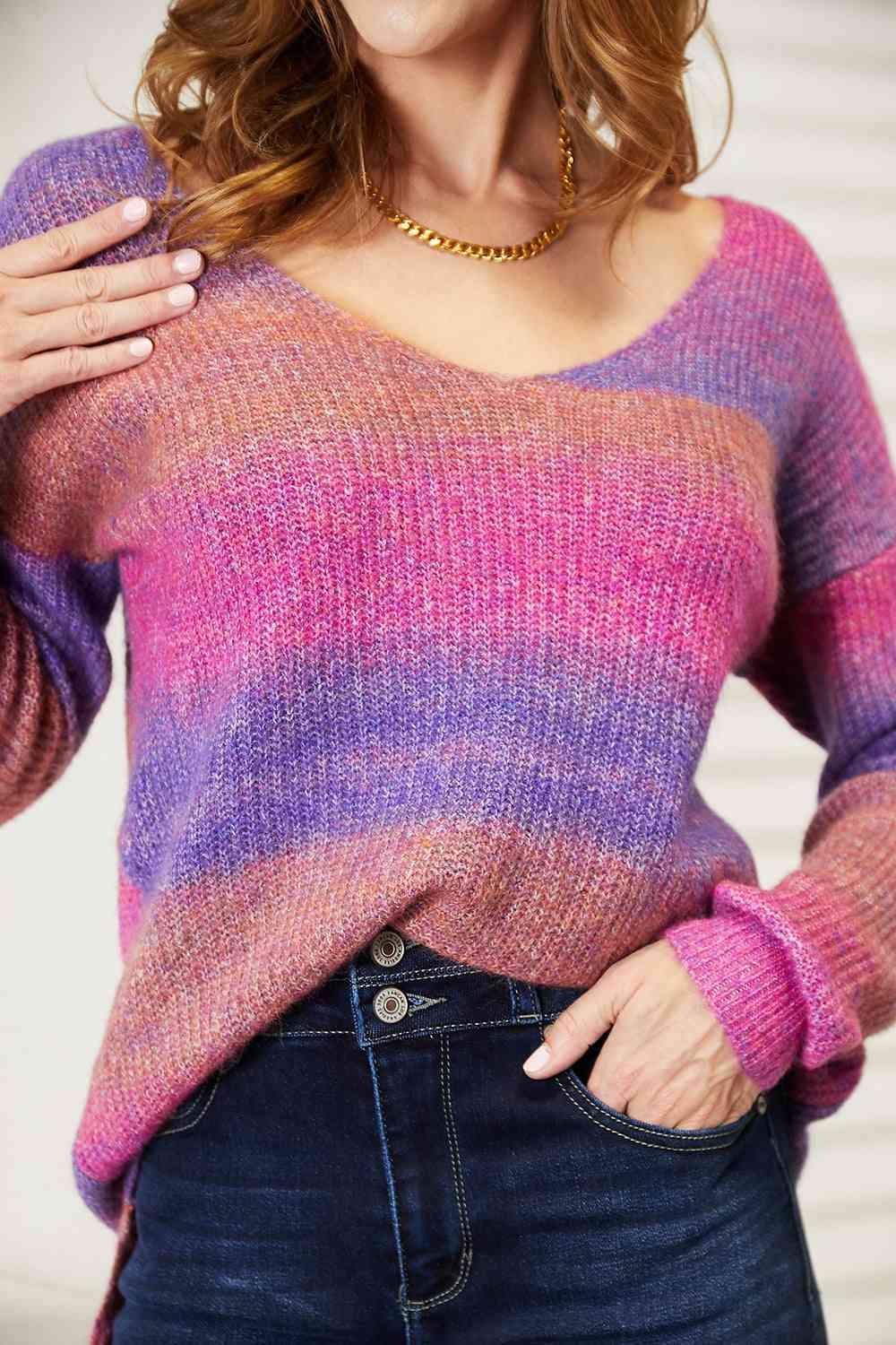 Get trendy with Multicolored Rib-Knit V-Neck Sweater - Sweater available at Styles Code. Grab yours today!