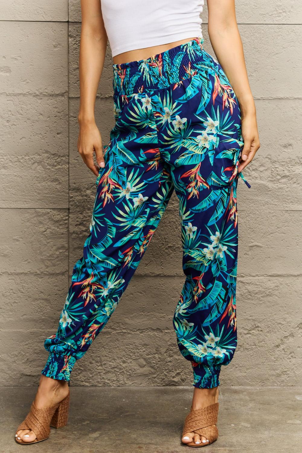 Get trendy with Smocked Plant Print Long Pants - Bottoms available at Styles Code. Grab yours today!