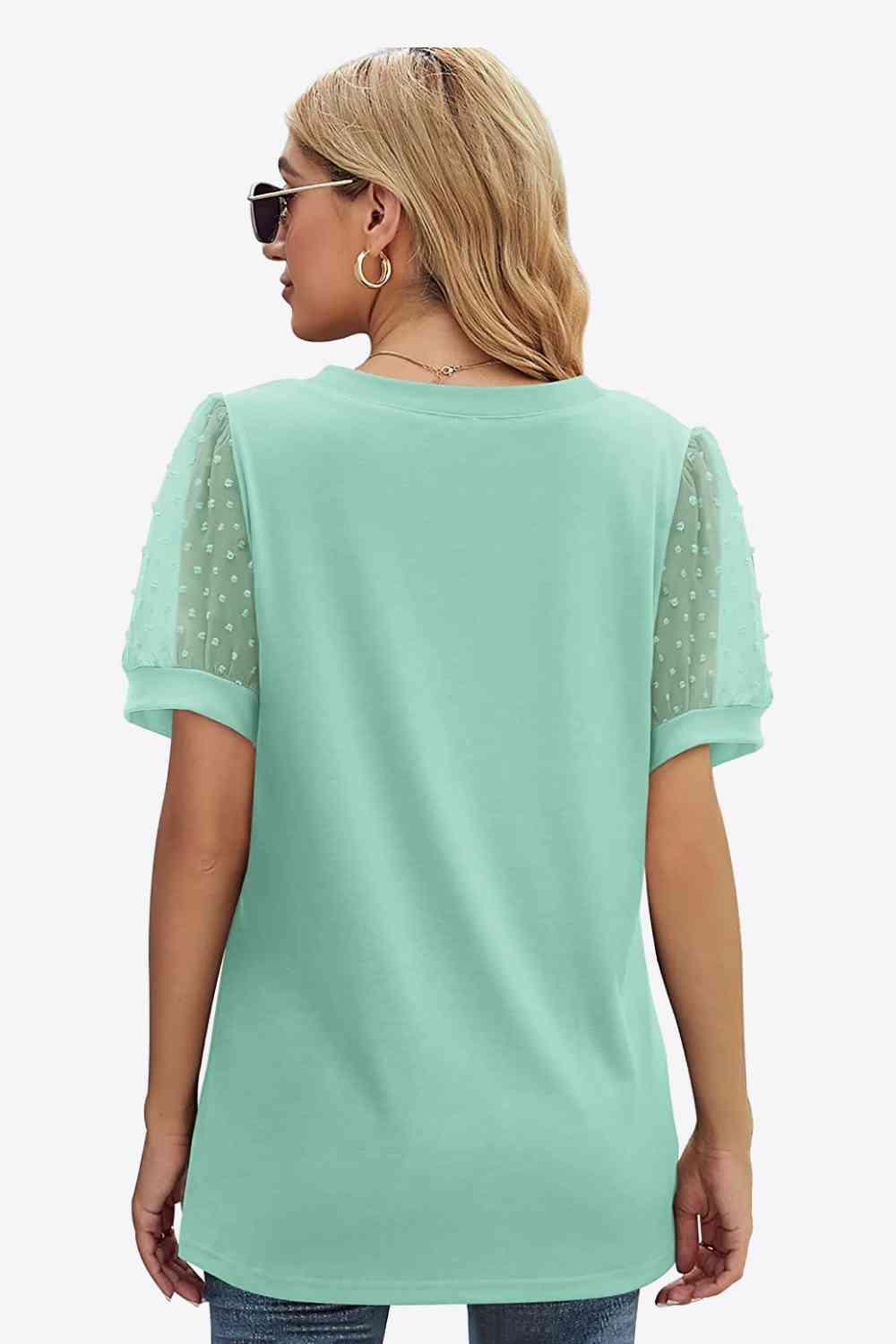 Get trendy with Swiss Dot Puff Sleeve V-Neck Tee - T-Shirt available at Styles Code. Grab yours today!