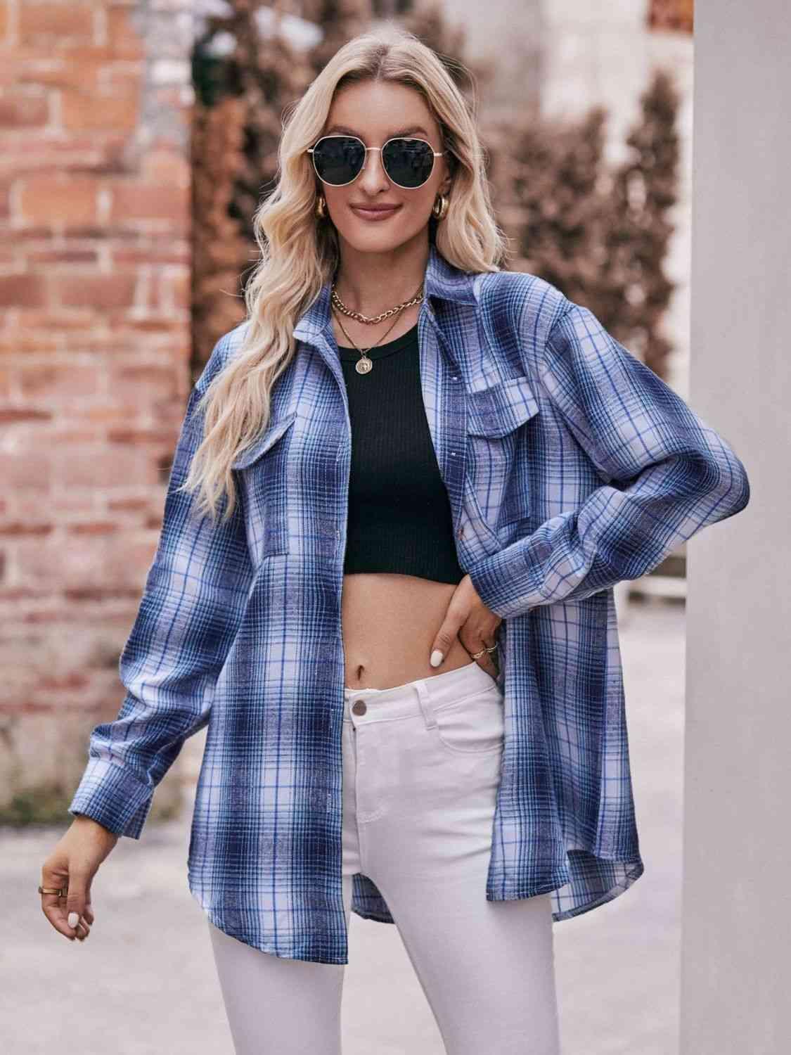 Get trendy with Plaid Dropped Shoulder Longline Shirt - Shirt available at Styles Code. Grab yours today!