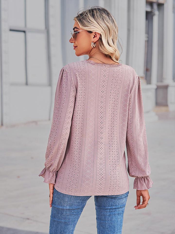 Get trendy with V-Neck Flounce Sleeve Blouse - Tops available at Styles Code. Grab yours today!