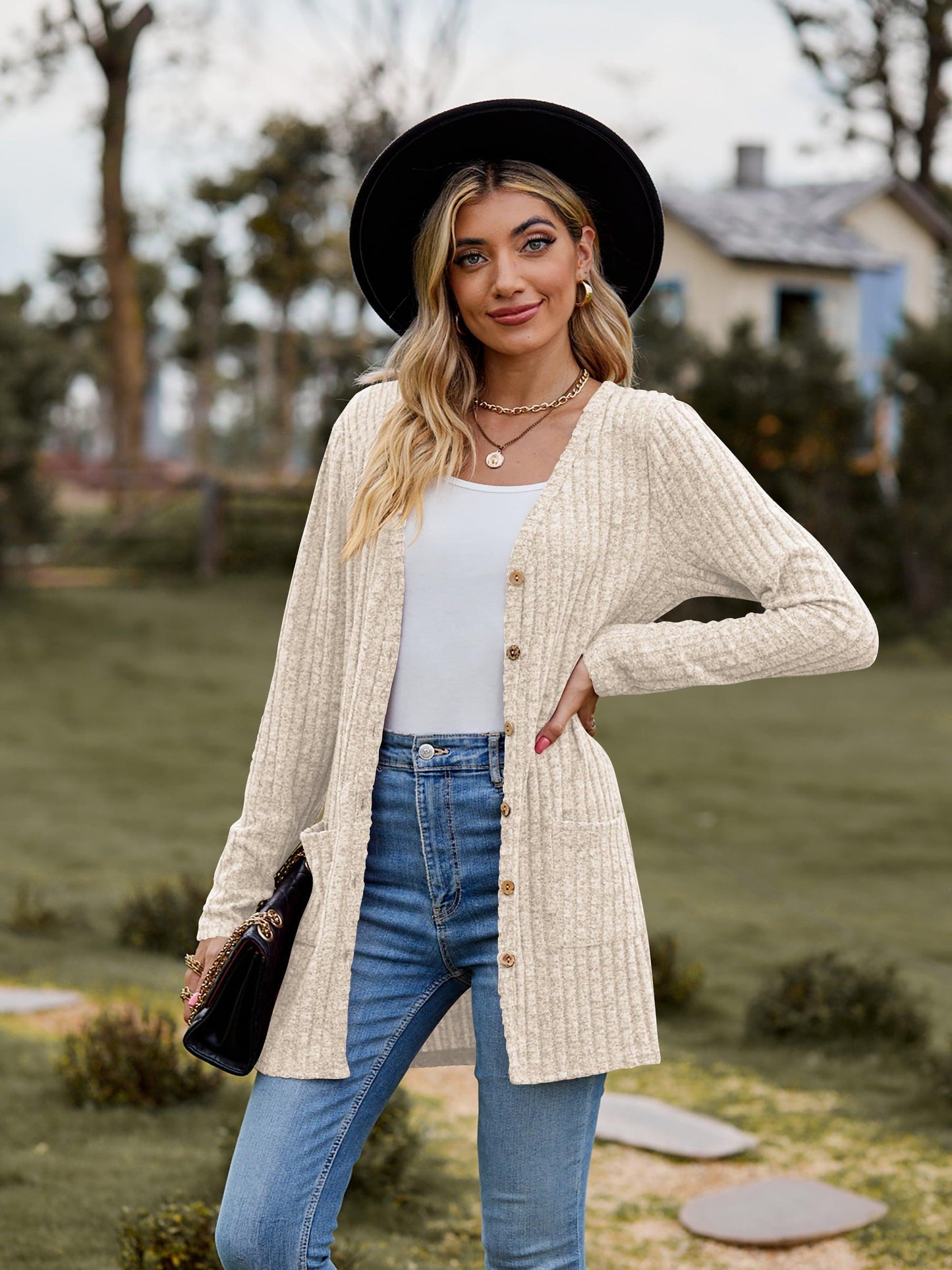 Get trendy with Ribbed Button-UP Cardigan with Pockets - Tops available at Styles Code. Grab yours today!