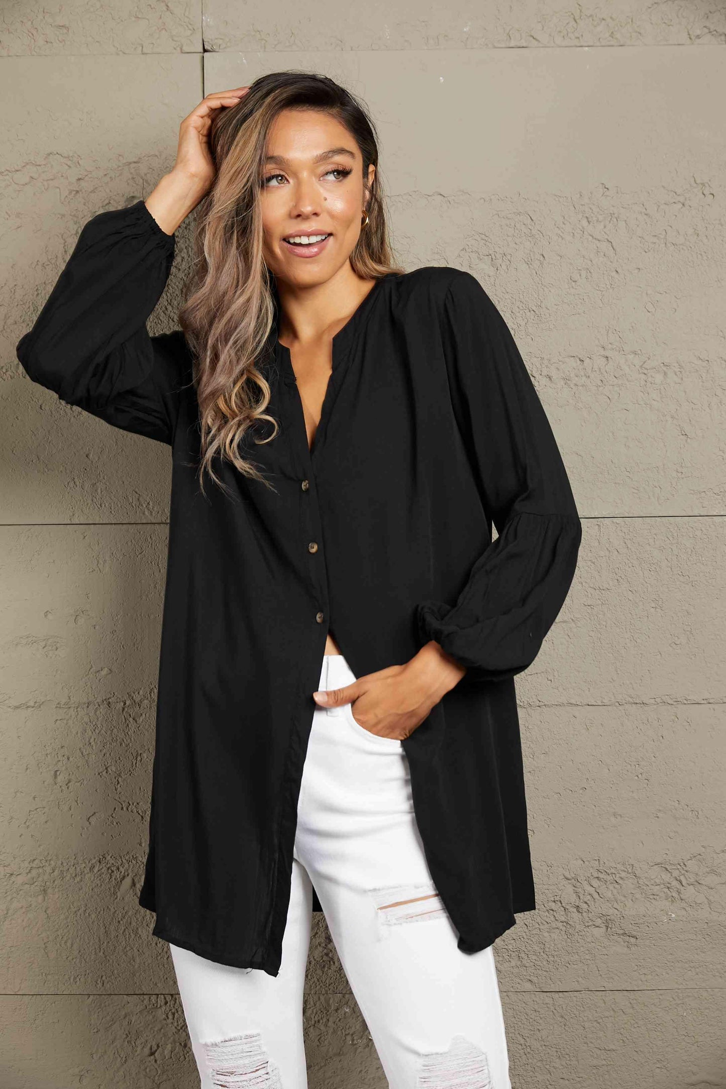 Get trendy with Notched Neck Balloon Sleeve Shirt - Shirt available at Styles Code. Grab yours today!