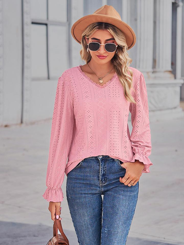 Get trendy with V-Neck Flounce Sleeve Blouse - Tops available at Styles Code. Grab yours today!