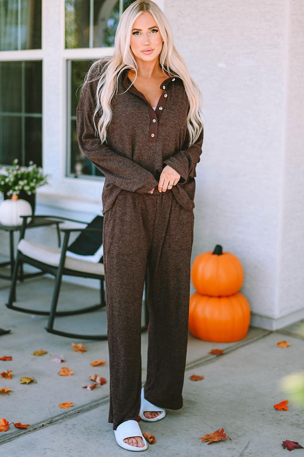 Get trendy with Buttoned Long Sleeve Top and Long Pants Lounge Set - Two Piece Sets available at Styles Code. Grab yours today!