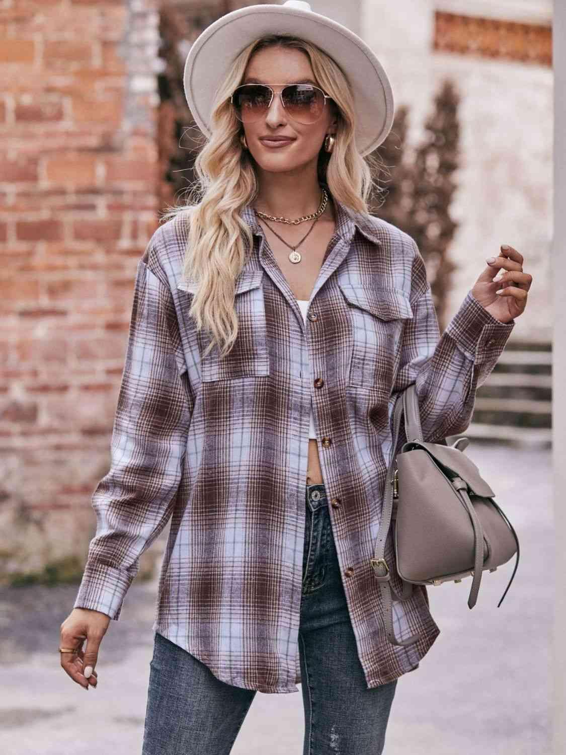 Get trendy with Plaid Dropped Shoulder Longline Shirt - Shirt available at Styles Code. Grab yours today!