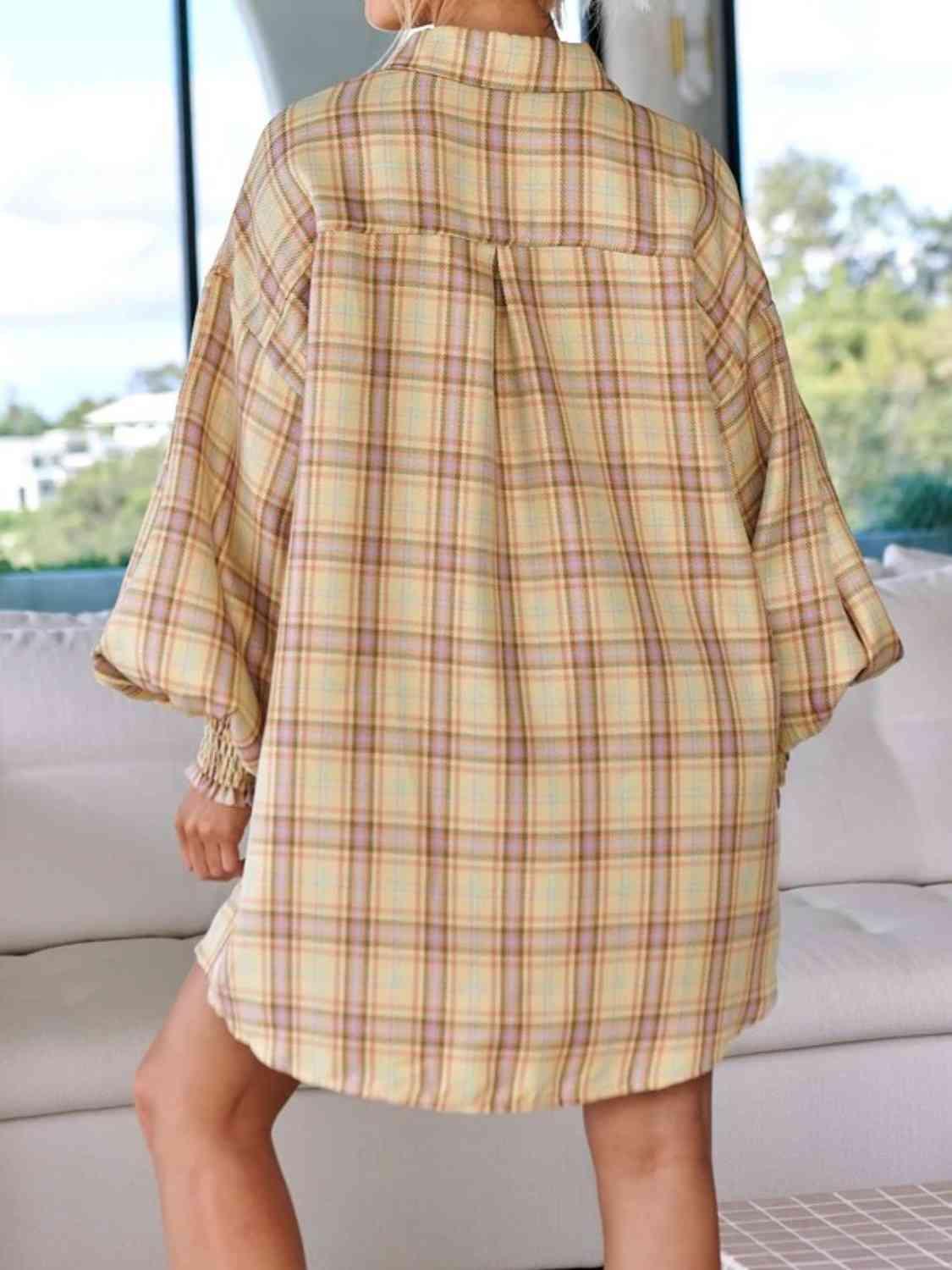 Get trendy with Plaid Lantern Sleeve Shirt - Shirt available at Styles Code. Grab yours today!
