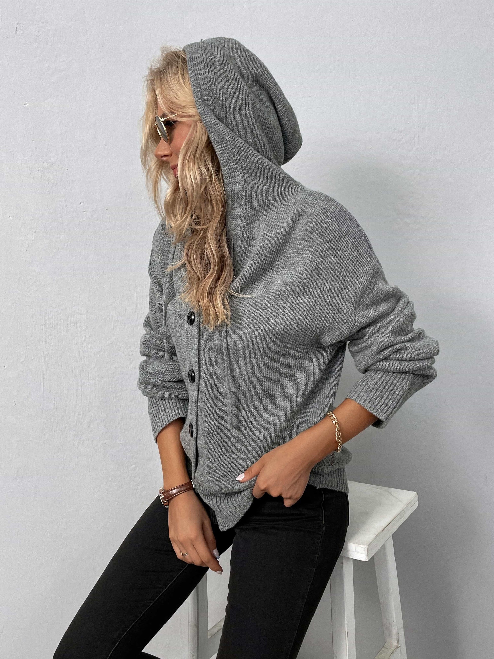 Get trendy with Button-Down Long Sleeve Hooded Sweater - Tops available at Styles Code. Grab yours today!
