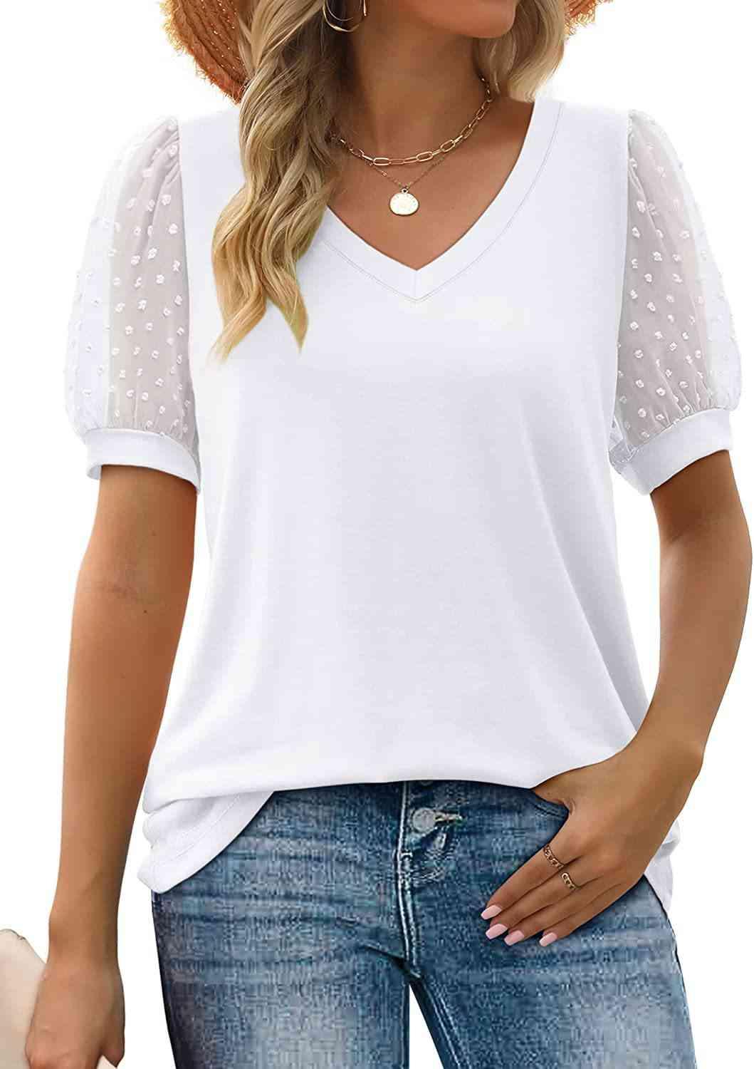 Get trendy with Swiss Dot Puff Sleeve V-Neck Tee - T-Shirt available at Styles Code. Grab yours today!