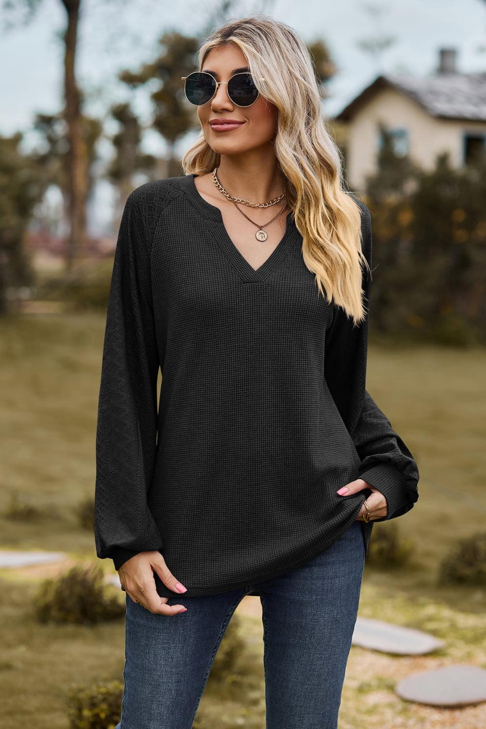 Get trendy with Notched Neck Raglan Sleeve Blouse - Tops available at Styles Code. Grab yours today!