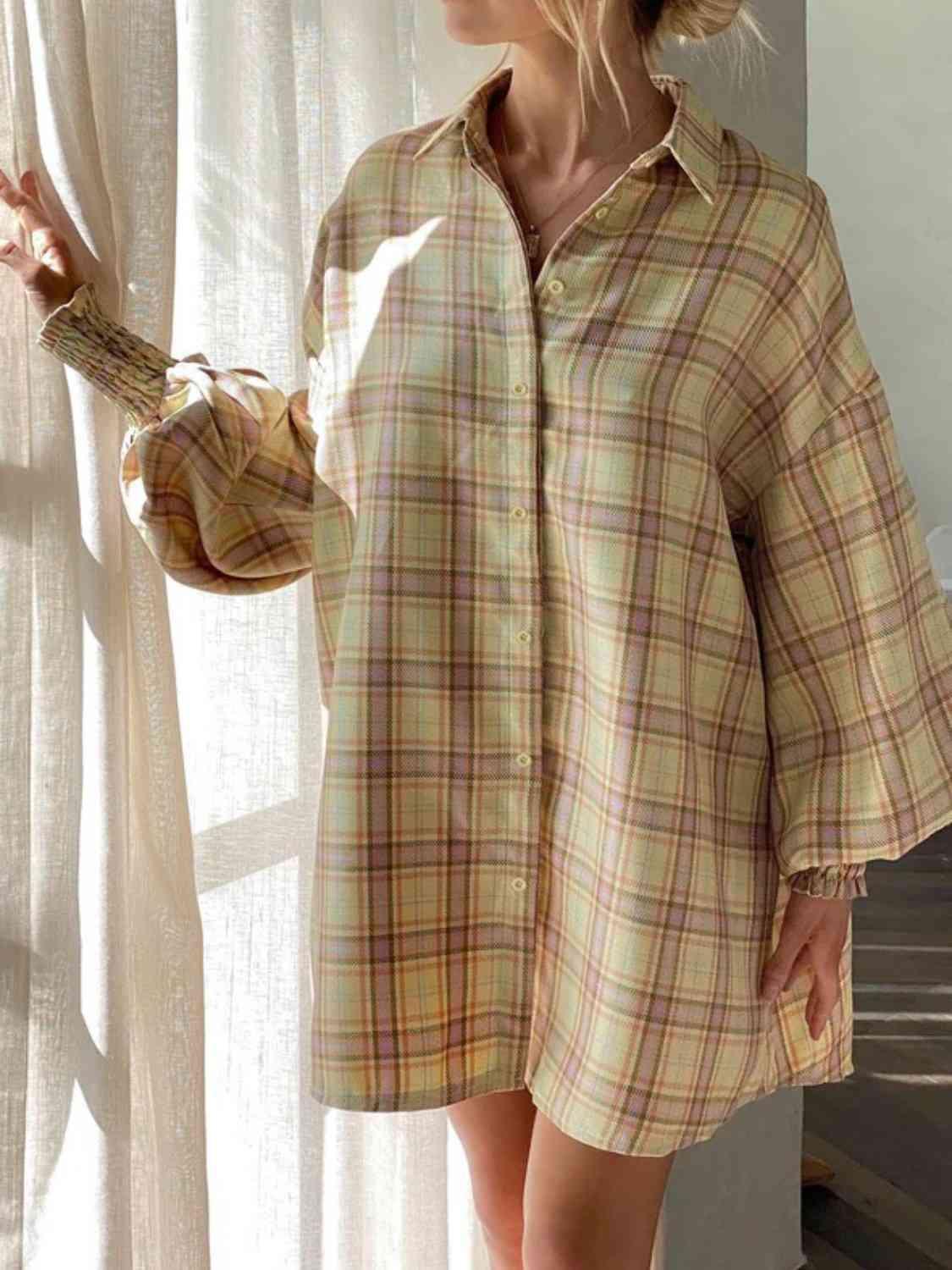 Get trendy with Plaid Lantern Sleeve Shirt - Shirt available at Styles Code. Grab yours today!