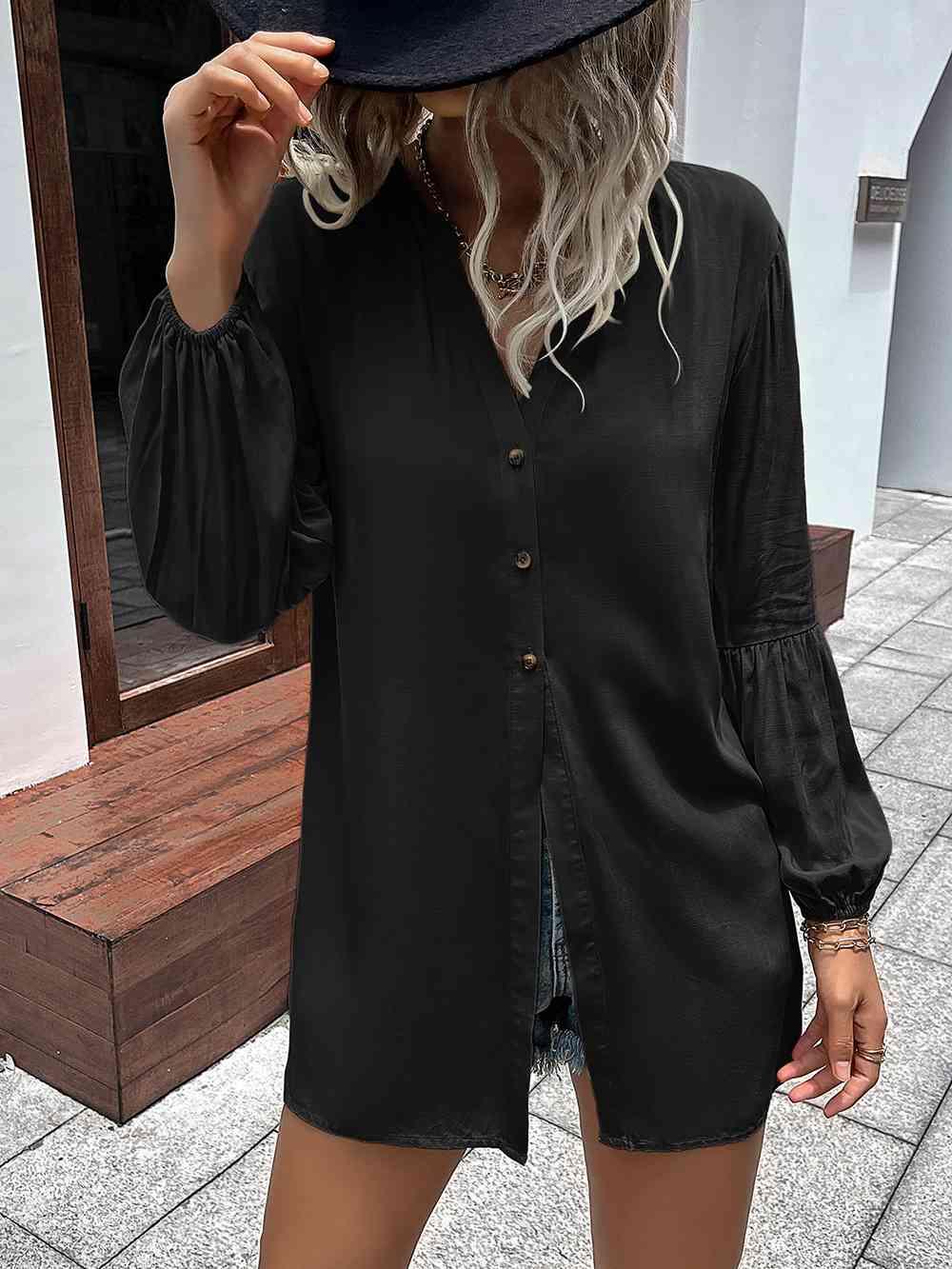 Get trendy with Notched Neck Balloon Sleeve Shirt - Shirt available at Styles Code. Grab yours today!