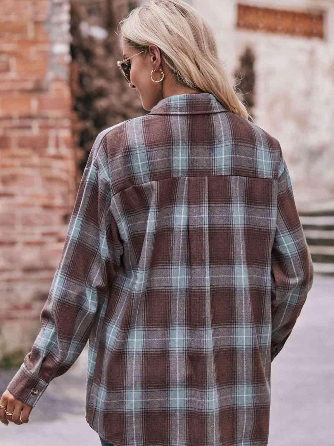 Get trendy with Plaid Dropped Shoulder Longline Shirt - Shirt available at Styles Code. Grab yours today!