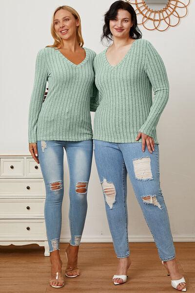 Get trendy with Full Size Ribbed V-Neck Long Sleeve T-Shirt - available at Styles Code. Grab yours today!