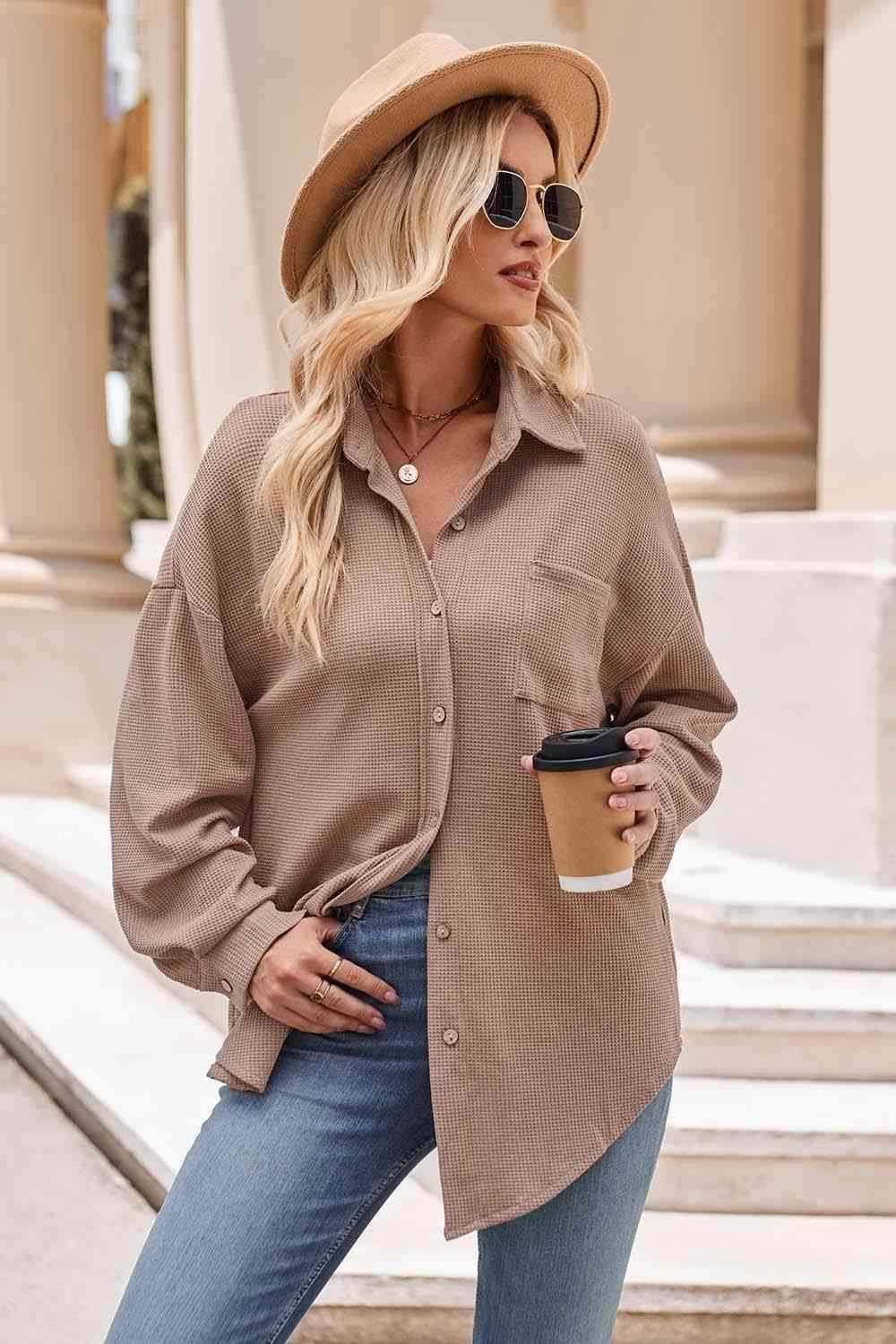 Get trendy with Collared Neck Dropped Shoulder Shirt - Shirt available at Styles Code. Grab yours today!