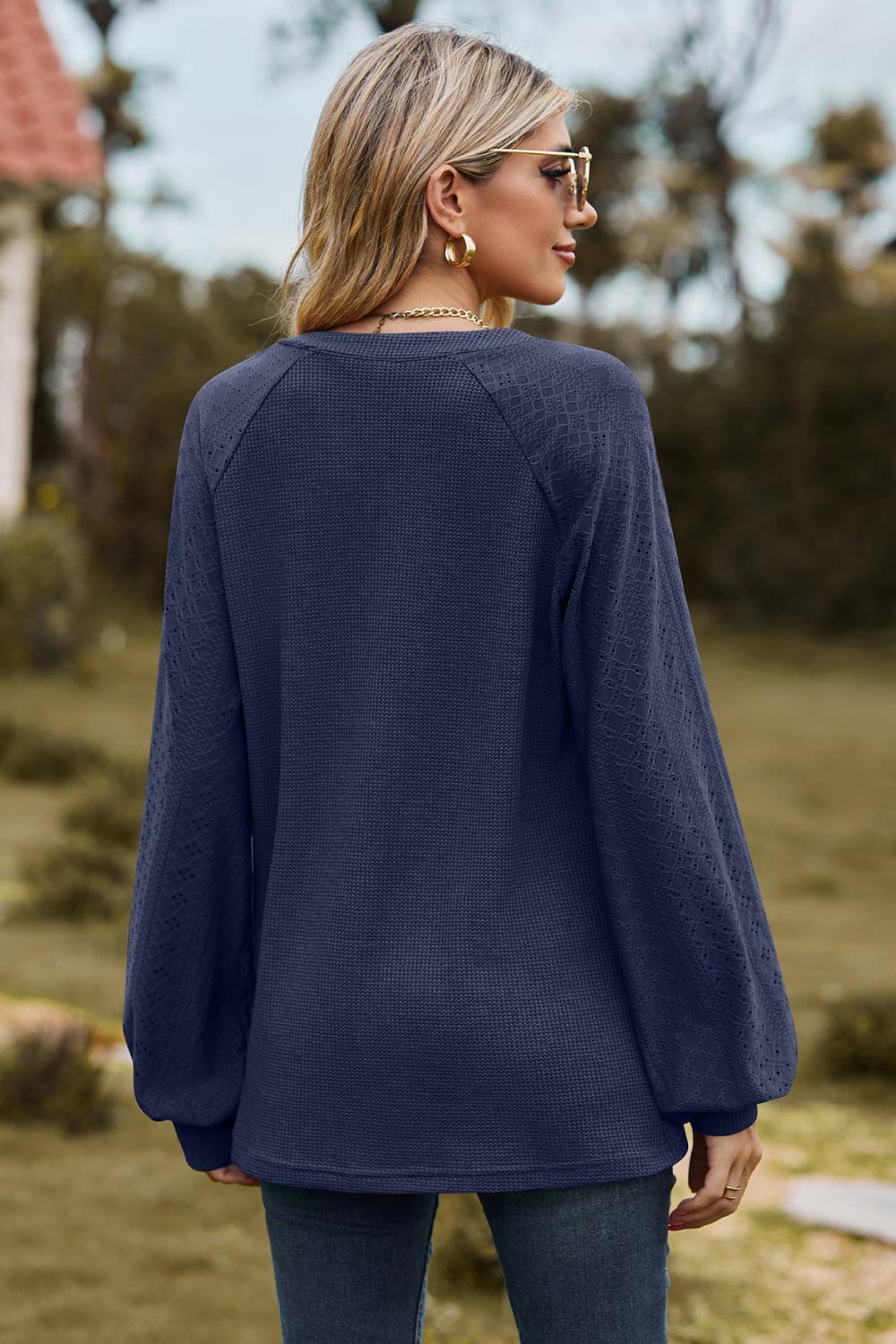 Get trendy with Notched Neck Raglan Sleeve Blouse - Tops available at Styles Code. Grab yours today!