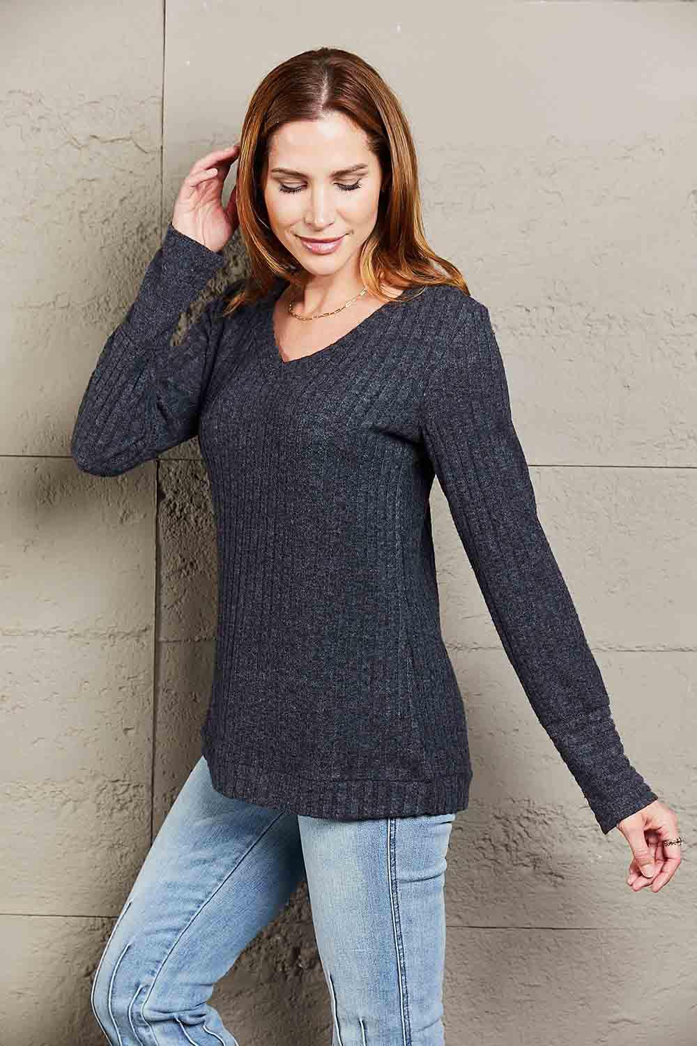 Get trendy with V-Neck Long Sleeve Ribbed Top - Tops available at Styles Code. Grab yours today!
