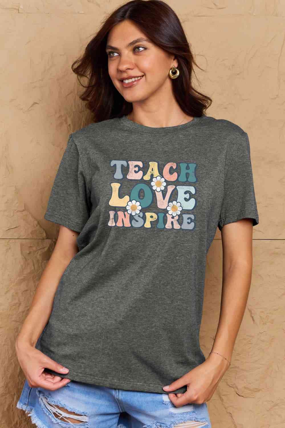 Get trendy with Full Size TEACH LOVE INSPIRE Graphic Cotton T-Shirt - T-Shirt available at Styles Code. Grab yours today!