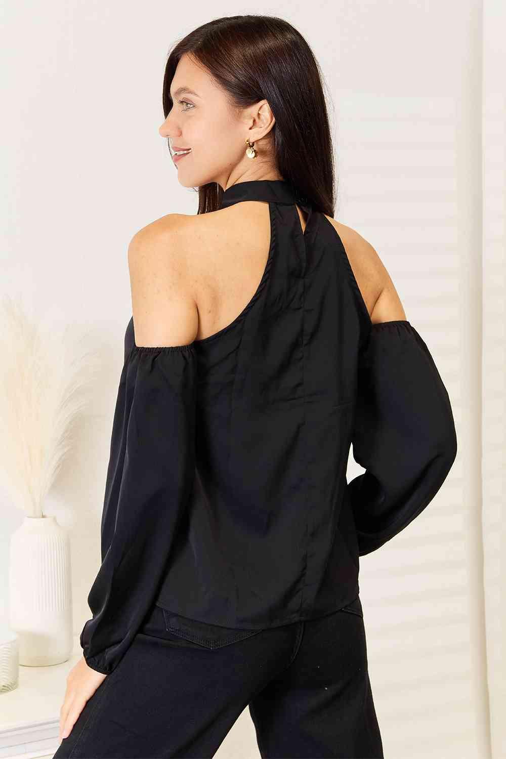 Get trendy with Cold Shoulder Long Sleeve Blouse - Blouse available at Styles Code. Grab yours today!