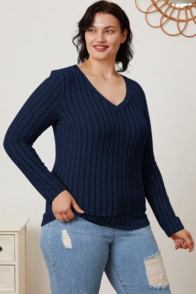 Get trendy with Full Size Ribbed V-Neck Long Sleeve T-Shirt - available at Styles Code. Grab yours today!