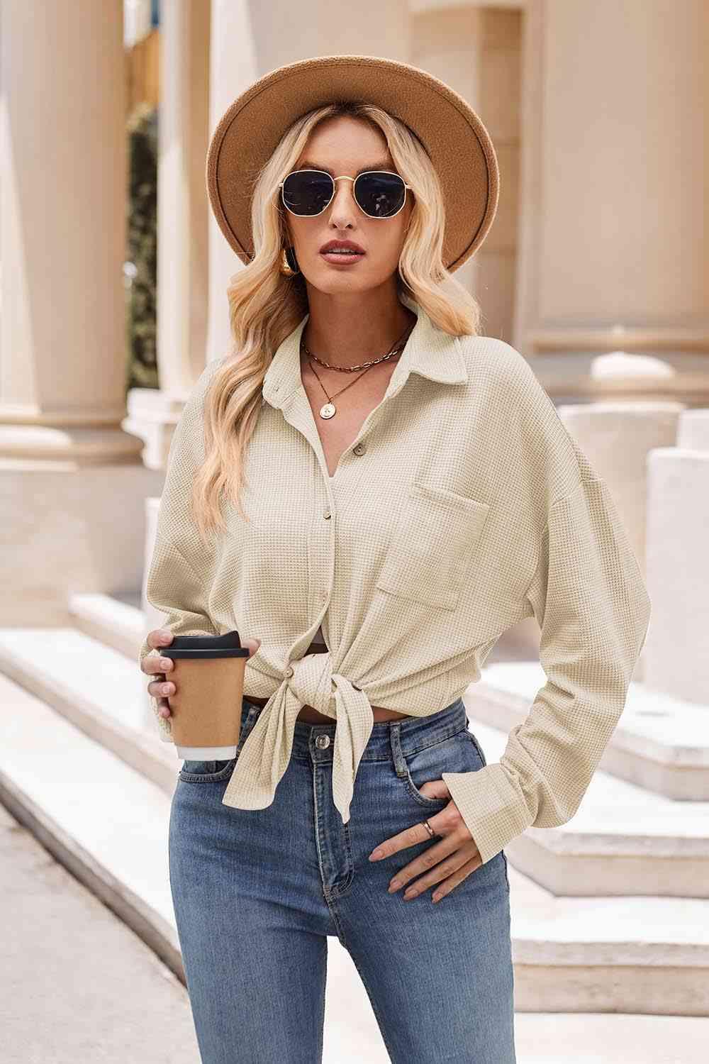 Get trendy with Collared Neck Dropped Shoulder Shirt - Shirt available at Styles Code. Grab yours today!