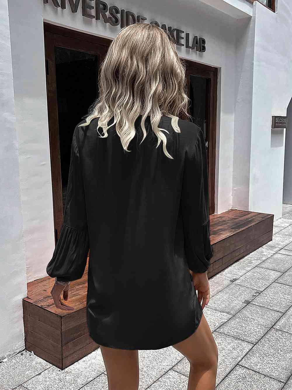Get trendy with Notched Neck Balloon Sleeve Shirt - Shirt available at Styles Code. Grab yours today!