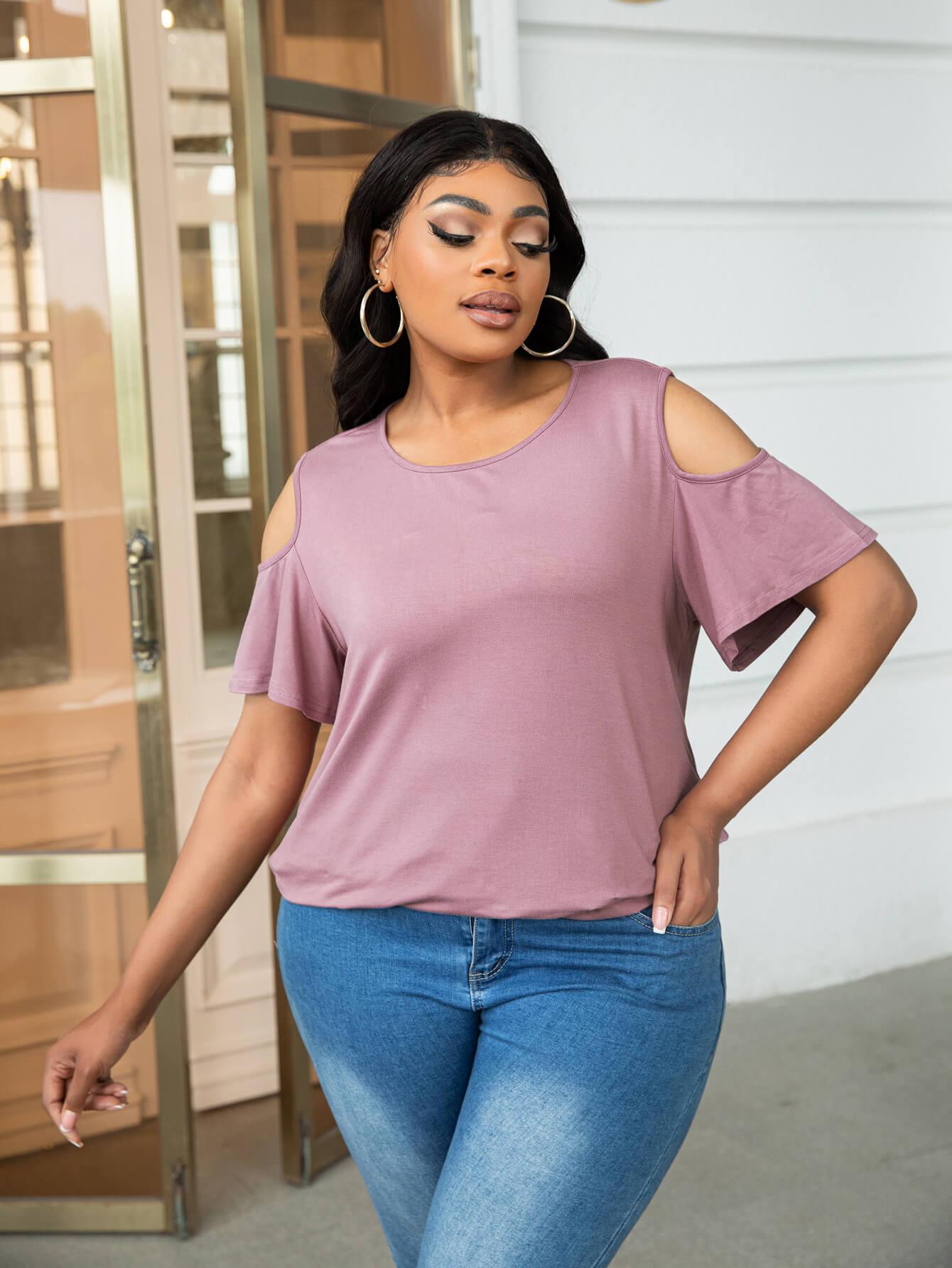Get trendy with Plus Size Cold-Shoulder Round Neck Curved Hem Tee - Plus Size available at Styles Code. Grab yours today!