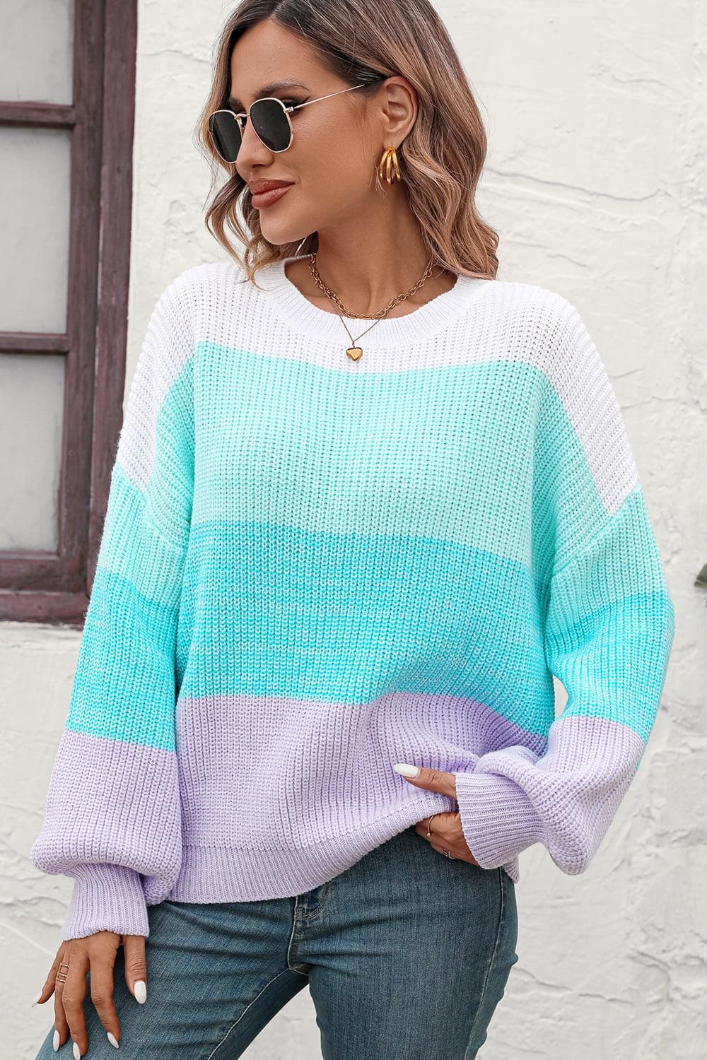 Get trendy with Round Neck Color Block Ribbed Pullover Sweater - Tops available at Styles Code. Grab yours today!