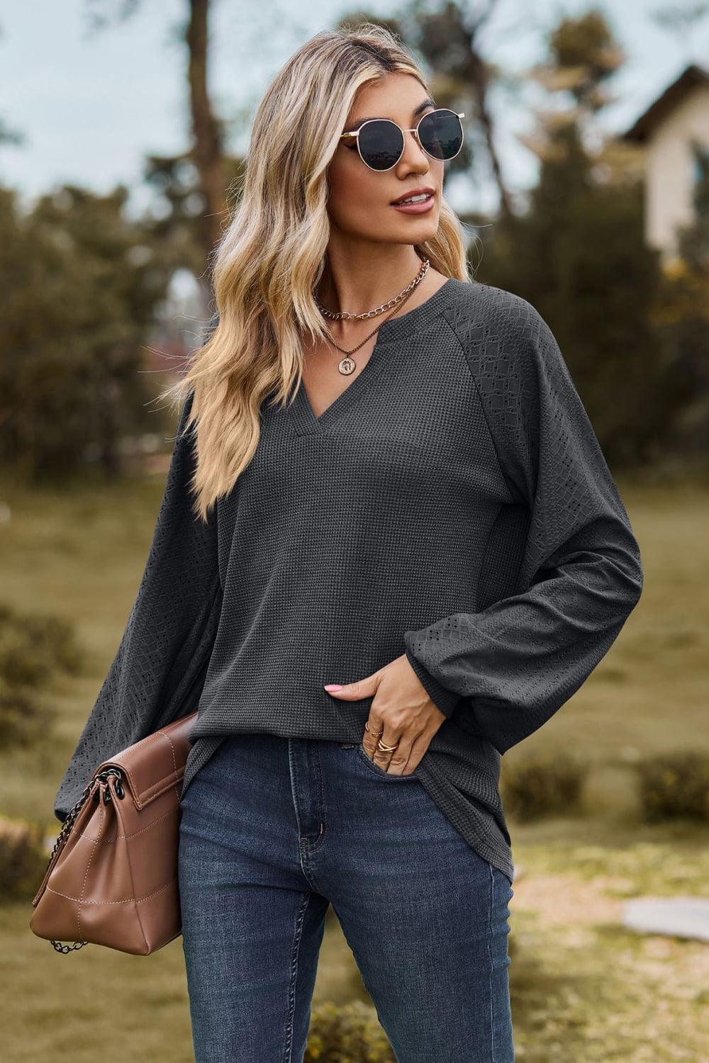 Get trendy with Notched Neck Raglan Sleeve Blouse - Tops available at Styles Code. Grab yours today!