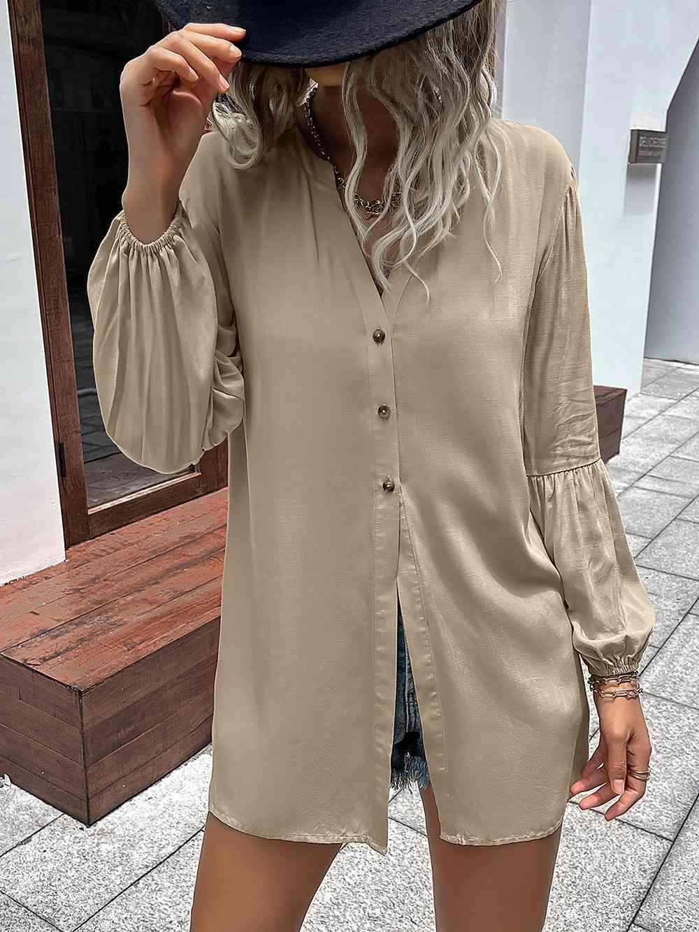 Get trendy with Notched Neck Balloon Sleeve Shirt - Shirt available at Styles Code. Grab yours today!