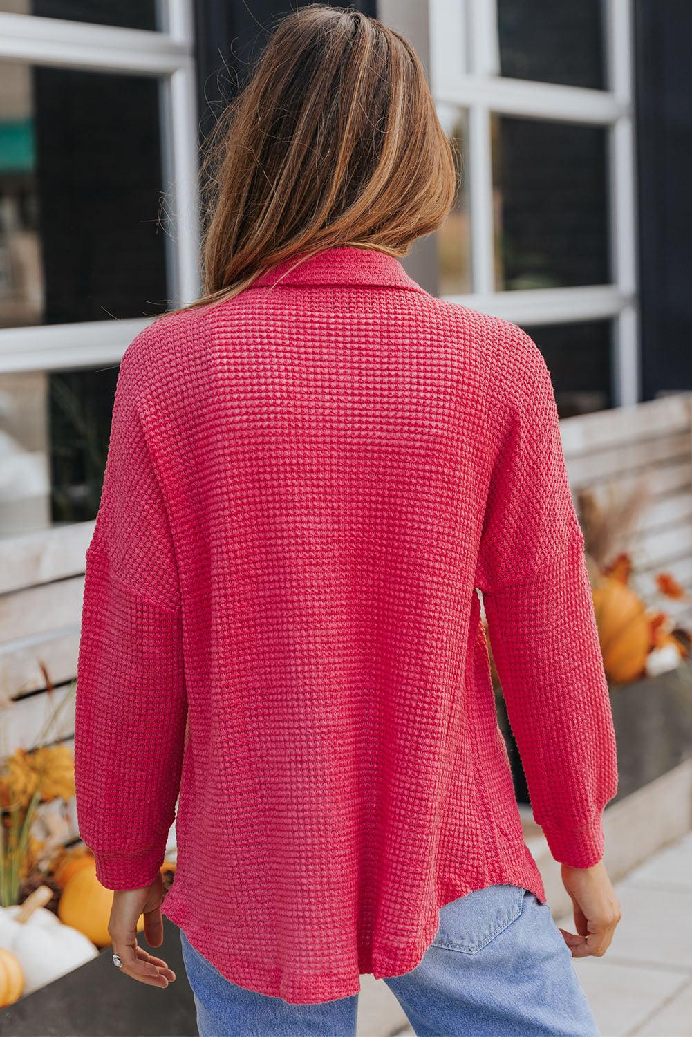 Get trendy with Waffle-Knit Collared Neck Dropped Shoulder Shirt - Tops available at Styles Code. Grab yours today!