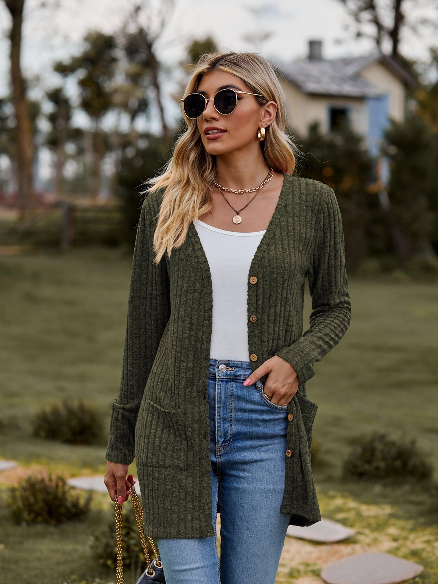 Get trendy with Ribbed Button-UP Cardigan with Pockets - Tops available at Styles Code. Grab yours today!