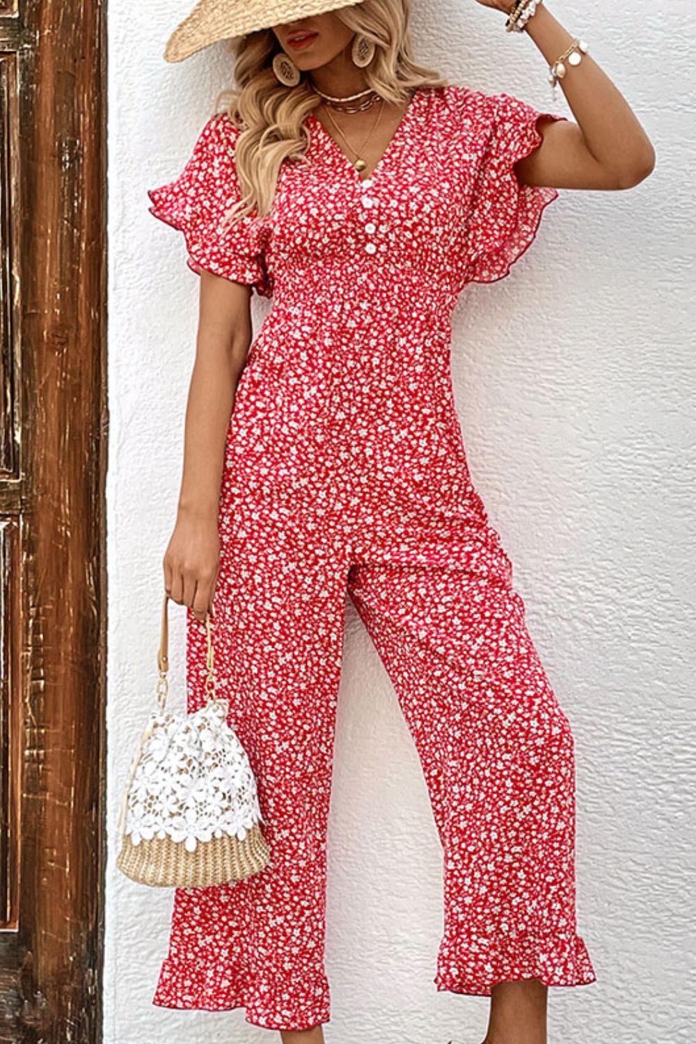 Get trendy with Printed Tie Back Ruffled Jumpsuit - Jumpsuits available at Styles Code. Grab yours today!
